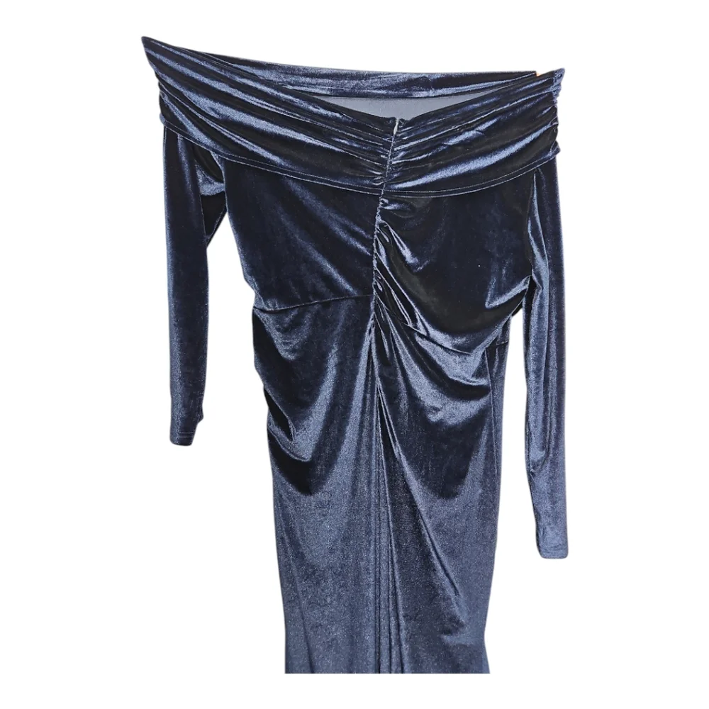 WOMEN'S BLUE VELVET OFF SHOULDER MAXI WRAP DRESS